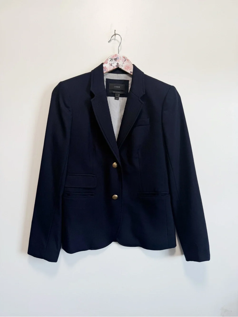 J. CREW Schoolboy Stretch Wool Blazer Size 4 Navy Blue Gold Buttons Lined
